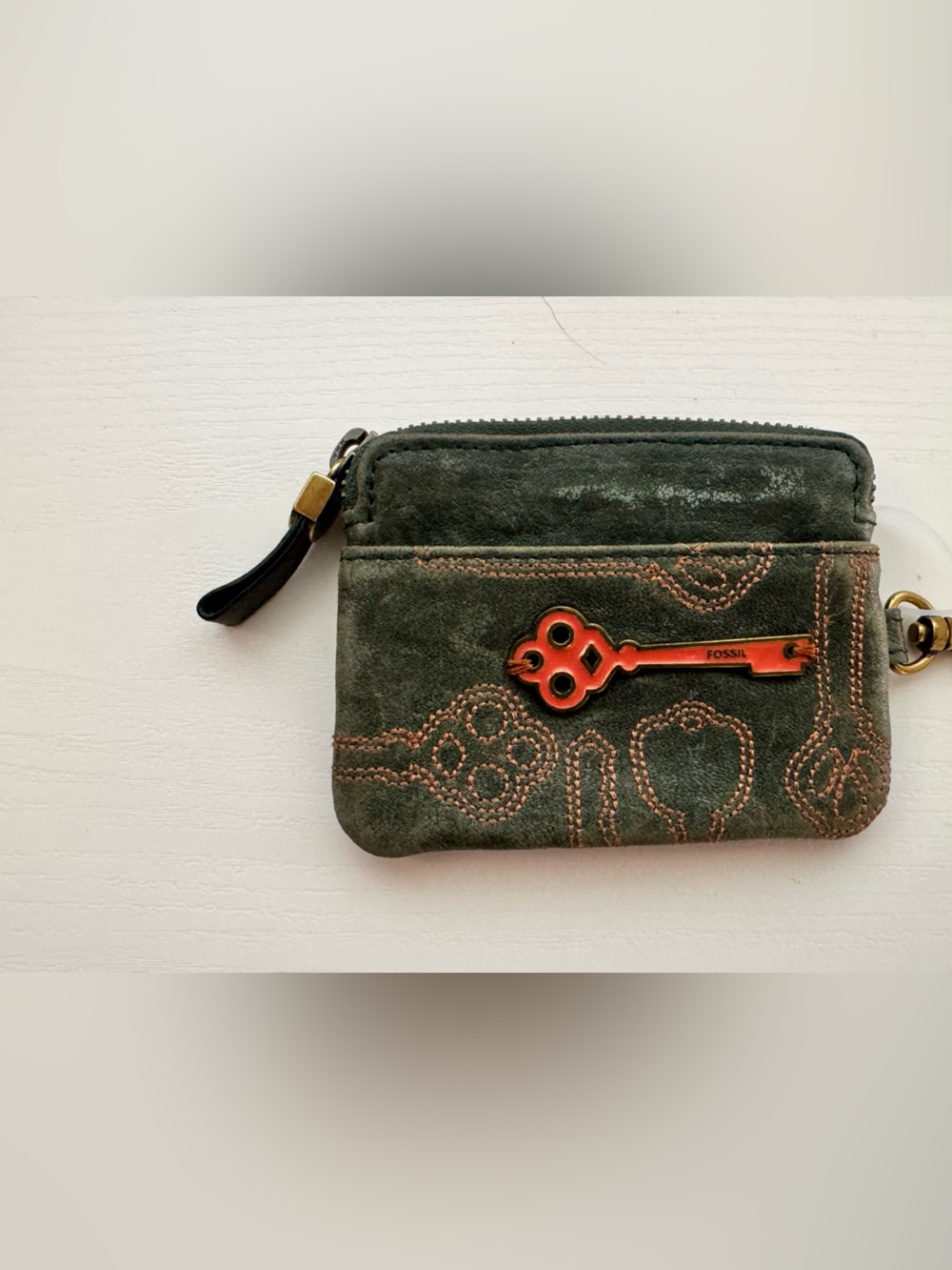 Fossil Olive Green Suede Zip Card Wallet Key Fob